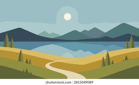 Serene landscape with a winding pathway through yellow fields toward a mountain lake under a giant glowing moon.