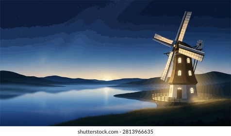 a serene landscape with a windmill at dusk.