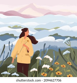 Serene landscape and woman walking alone in spring flower meadow with morning fog. Happy person in solitude with calm peaceful nature. Inspiration and contemplation concept. Flat vector illustration