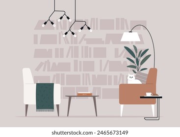 A serene library nook featuring stylish modern chairs, a petite coffee table with books, a soft blanket, and ambient lighting, creating a perfect reading environment