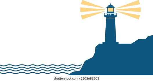 A serene lighthouse on a rocky cliff, illuminating the ocean waves with its bright beam