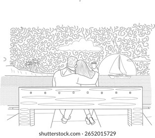 Sereno arte da linha do casal no banco vendo o pôr do sol do oceano com veleiro e palmeiras. Ideal para temas de relaxamento e romance.