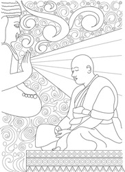 Serene line art illustration of a monk meditating with a deity figure and ornate spiritual patterns, perfect for mindfulness, relaxation, and spiritual design projects, ideal for coloring books.