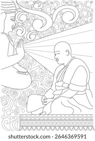 Serena ilustração de arte de linha de um monge meditando com uma figura de divindade e padrões espirituais ornamentados, perfeito para atenção plena, relaxamento e projetos de design espiritual, ideal para livros de colorir.
