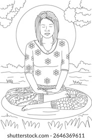 Sereno ilustração de arte de linha de uma pessoa meditando ao ar livre, perfeito para bem-estar, espiritualidade e temas de relaxamento.