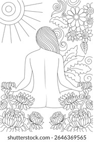 Ilustração serena da arte da linha de uma mulher em uma pose meditativa cercada por flores exuberantes, estilizadas e um sol suave, perfeito para a atenção plena, relaxamento, e projetos de livros de colorir adultos.