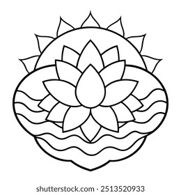 A serene line drawing featuring a lotus blossom in the middle, encircled by gentle, circular designs.