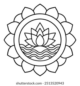 Um desenho sereno com uma flor de lótus no meio, rodeado por desenhos suaves e circulares.