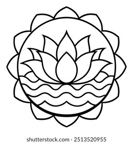 A serene line drawing featuring a lotus blossom in the middle, encircled by gentle, circular designs.