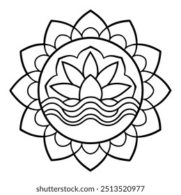 A serene line drawing featuring a lotus blossom in the middle, encircled by gentle, circular designs.