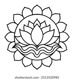 A serene line drawing featuring a lotus blossom in the middle, encircled by gentle, circular designs.