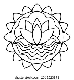 A serene line drawing featuring a lotus blossom in the middle, encircled by gentle, circular designs.