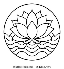 A serene line drawing featuring a lotus blossom in the middle, encircled by gentle, circular designs.