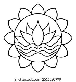 A serene line drawing featuring a lotus blossom in the middle, encircled by gentle, circular designs.