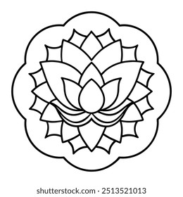 Um desenho sereno com uma flor de lótus no meio, rodeado por desenhos suaves e circulares.