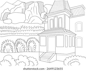 Desenho sereno linha de uma casa em uma paisagem de montanha, ideal para páginas de coloração das crianças, recursos educacionais e design gráfico.