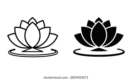 A serene lotus flower vector icon displayed in both outline and solid styles representing peace meditation and wellness. Excellent for yoga studios spa branding wellness apps and mindfulness-themed design projects.