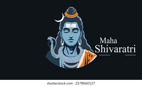 A serene Maha Shivaratri artwork featuring Lord Shiva in deep meditation with the crescent moon and serpent symbolizing his divine energy. The celestial blue theme represents 