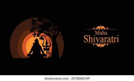 A serene Maha Shivaratri artwork featuring the silhouette of Lord Shiva meditating under a sacred tree with the Trishul beside him. The warm, glowing background symbolizes divine energy