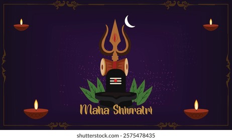 A serene Maha Shivratri greeting featuring a Shivling, trident, diyas, and "Maha Shivratri" text, symbolizing the auspicious celebration of Lord Shiva