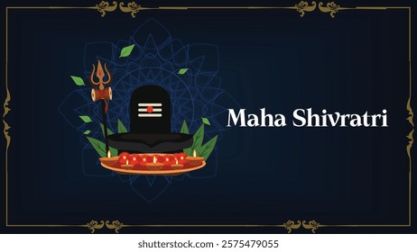 A serene Maha Shivratri greeting featuring a Shivling, trident, diya lamps, and green leaves with "Maha Shivratri" text, celebrating Lord Shiva