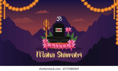 A serene Maha Shivratri greeting featuring a Shivling adorned with flowers, a trident, and "Maha Shivratri" text, set against a mountainous backdrop