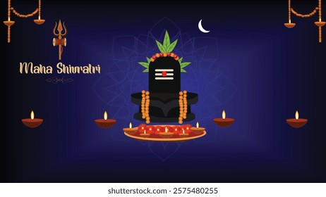 A serene Maha Shivratri greeting featuring a Shivling adorned with flowers, diyas, and "Maha Shivratri" text, celebrating the divine occasion