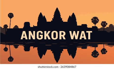 A serene and majestic view of Angkor Wat Temple at dawn, with the soft light of the rising sun casting golden hues over the ancient stone structures