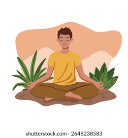 Serene man with curly hair meditating in lotus position with closed eyes outdoors among green plants and earthy tones conveys calmness and wellness ideal for lifestyle and health-related content.