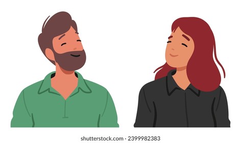 Serene Hombre y Mujer Usan Sonrisas Relajadas, Radiando Una Alegría Tranquila. Sus Expresiones Faciales Exudan Un Sentido De Tranquilidad Y Crean Una Atmósfera Cálida. Ilustración de vectores de personas de caricatura