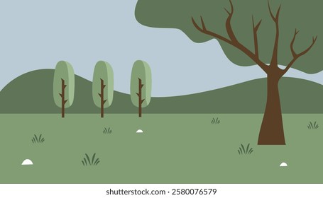 Serene meadow illustration. Forest cartoon. Children book background. Savanna. Rural park illustration. Hill. Scenery. Tree. Bushes.