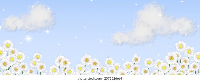 A serene meadow scene featuring blooming white daisies, a soft blue sky, fluffy clouds, and floating petals, evoking peace and natural beauty.