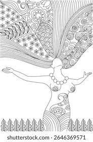 Sereno meditativo abstrato arte de linha de uma figura cercada por padrões naturais e espirituais, ideal para atenção plena e relaxamento.