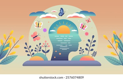 Serene mental health concept art: a vibrant silhouette of a head filled with nature's harmony—sunsets, butterflies, plants-symbolizing peace,mindfulness, emotional balance. Perfect for wellness themes