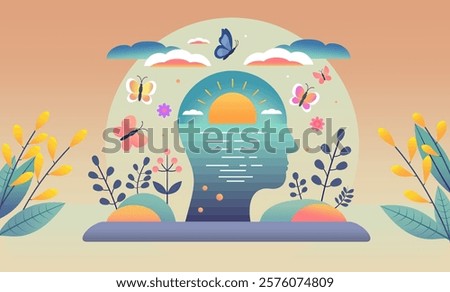 Serene mental health concept art: a vibrant silhouette of a head filled with nature's harmony—sunsets, butterflies, plants-symbolizing peace,mindfulness, emotional balance. Perfect for wellness themes