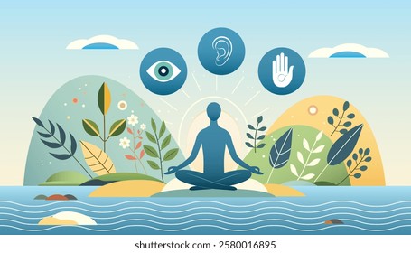 Serene mindfulness illustration of a meditating figure in nature, symbolizing balance, self-awareness, and the connection of senses. Perfect for wellness, spirituality, and meditation concepts