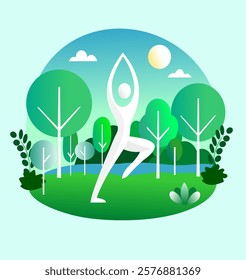 serene and minimalist 2D flat design illustration showcasing a peaceful outdoor scene. A silhouette of a person practicing yoga in nature featuring lush greenery, a calm river and bright sun.