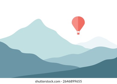 Serene minimalist hot air balloon over blue mountains: peaceful landscape illustration, calming pastel color palette, travel and adventure concept.
