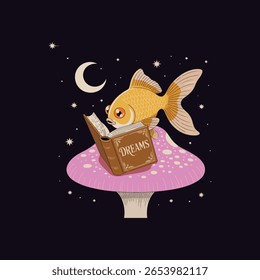  Uma ilustração serena e minimalista de um peixe dourado, empoleirado confortavelmente em um grande cogumelo rosa adornado com manchas brancas. O peixe possui um livro pequeno e aberto em suas mãos teias, envolto em seu 