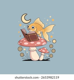  Uma ilustração serena e minimalista de um peixe dourado, empoleirado confortavelmente em um grande cogumelo rosa adornado com manchas brancas. O peixe possui um livro pequeno e aberto em suas mãos teias, envolto em seu 