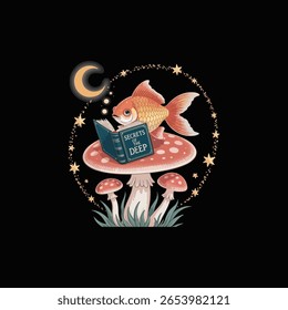  Uma ilustração serena e minimalista de um peixe dourado, empoleirado confortavelmente em um grande cogumelo rosa adornado com manchas brancas. O peixe possui um livro pequeno e aberto em suas mãos teias, envolto em seu 
