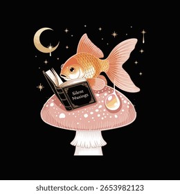  Uma ilustração serena e minimalista de um peixe dourado, empoleirado confortavelmente em um grande cogumelo rosa adornado com manchas brancas. O peixe possui um livro pequeno e aberto em suas mãos teias, envolto em seu 