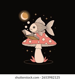  Uma ilustração serena e minimalista de um peixe dourado, empoleirado confortavelmente em um grande cogumelo rosa adornado com manchas brancas. O peixe possui um livro pequeno e aberto em suas mãos teias, envolto em seu 