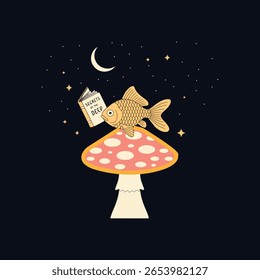  Uma ilustração serena e minimalista de um peixe dourado, empoleirado confortavelmente em um grande cogumelo rosa adornado com manchas brancas. O peixe possui um livro pequeno e aberto em suas mãos teias, envolto em seu 