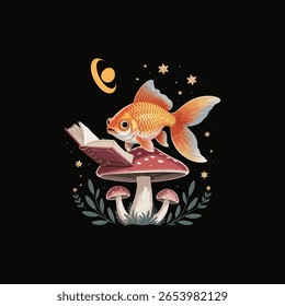  Uma ilustração serena e minimalista de um peixe dourado, empoleirado confortavelmente em um grande cogumelo rosa adornado com manchas brancas. O peixe possui um livro pequeno e aberto em suas mãos teias, envolto em seu 