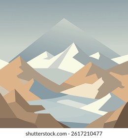 A serene minimalist illustration of mountains created with clean geometric lines and limited color palette ideal for posters and nature branding.