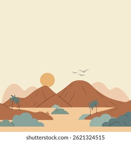 Uma paisagem serena minimalista com montanhas, palmeiras e um sol escaldante, renderizada em uma paleta de cores suave e silenciosa.
