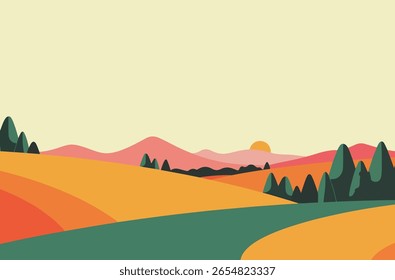 A serene, minimalist landscape featuring rolling hills, stylized trees, and a warm sun against a soft, muted background.
