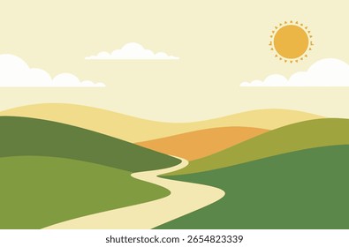 A serene, minimalist landscape featuring rolling hills, stylized trees, and a warm sun against a soft, muted background.
