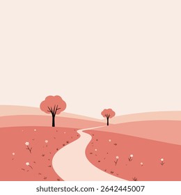 Uma paisagem serena minimalista com duas árvores, um caminho sinuoso e flores dispersas em uma paleta de cores suave e silenciosa.
